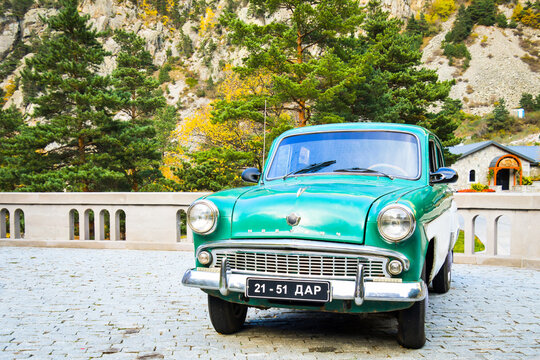 Kazbegi, Georgia - 30th october, 2022: Green Moskvitch (Russian: Москвич) stand in Georgia. Soviet/Russian automobile brand produced by AZLK from 1946 to 1991