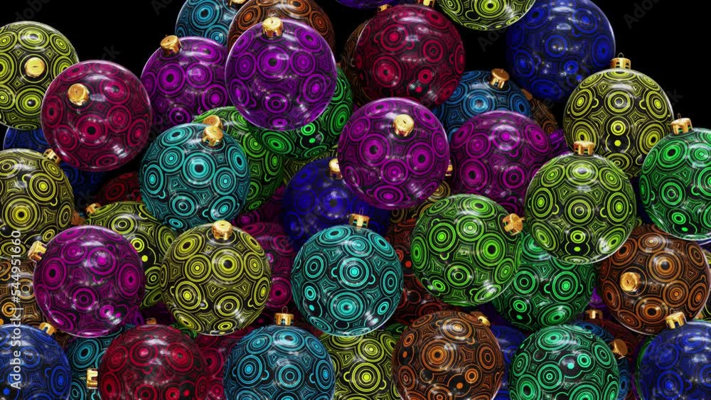 Poster realistic 3d animation of the colorful abstract fancy pattern christmas baubles falling from the top