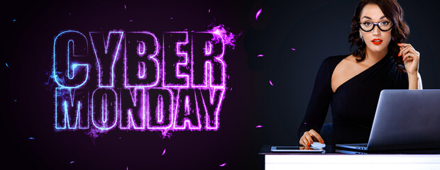 Black friday and cyber monday sale concept for shop. Woman with computer isolated on dark background. Template for promotion, advertising, web and social ads on cybermonday