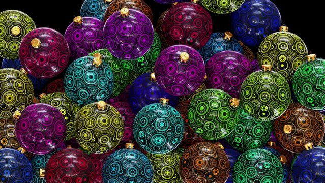 Realistic 3D animation of the colorful abstract fancy pattern Christmas baubles falling from the top filling up the screen rendered in UHD with alpha matte