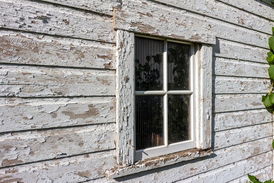Close up texture background of an old deteriorating 19th century barn wall with peeling white painted wood siding and view of a window
