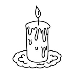 Burning candle with dripping wax isolated on white background. Candle on a festive plate vector hand drawn illustration in doodle style.