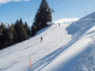 Fototapeta na wymiar Slope view in winter in resort Ladis, Fiss, Serfaus in ski resort in Tyrol.