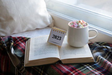 Calendar for 2023 and a cup of coffee with marshmallows on the window on a winter morning.