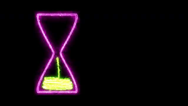 Animation Hourglass lilac contour luminous sand neon on a black background. Computer graphics