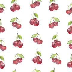 Seamless pattern of watercolor cherries on white background