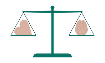 Balance between heart and mind. Abstract image finding balance with the help of scales. Flat style. Vector.