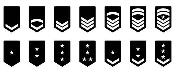 Army Rank Black Silhouette Icon. Military Badge Insignia Symbol. Chevron Star and Stripes Logo. Soldier Sergeant, Major, Officer, General, Lieutenant, Colonel Emblem. Isolated Vector Illustration - obrazy, fototapety, plakaty