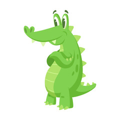 Cartoon crocodile character. Drawing of cute alligator standing isolated on white. Animals, mascot concept