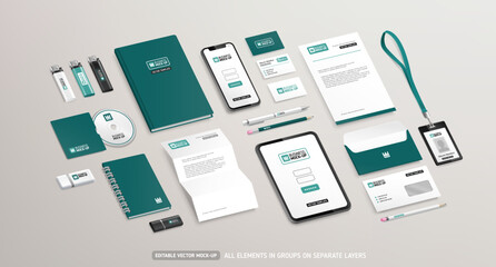 Minimalistic Brand Identity Mock-Up set of stationery with Crown logo design. Business office stationary mockup template. Company corporate style. Office items mockup set. Editable vector