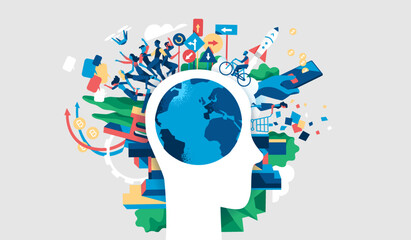 Attività umane nel mondo moderno. Pianeta come cervello umano.