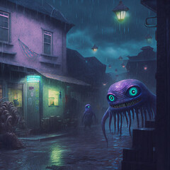 Scary little monster village during the rainy night. Dark cozy alien houses and cloudy sky at night
