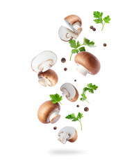 Royal Brown champignons with allspice and parsley isolated on a white background