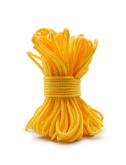 Skein of bright yellow nylon rope isolated on white background 