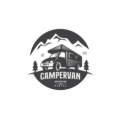 Motorhome or recreational vehicle (RV) campervan logo template for Vacation travel trip or adventure vector design emblem badge - obrazy, fototapety, plakaty