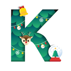 Letter K Alphabet Font Cute Merry Christmas Concept Reindeer Bell Snowglobe Christmas Tree Character Font Christmas Element Cartoon Green 3D Paper Layer Cutout Card Vector Illustration
