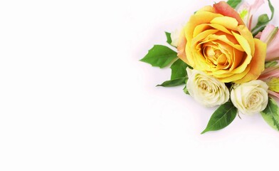 Bouquet with a yellow rose on a white background. Festive flower arrangement. Background for a greeting card.