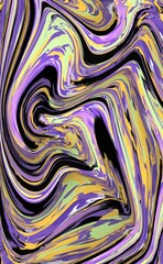 Fototapeta premium Abstract yellow-lilac-black marble background. Acrylic paint spreads freely and creates an interesting pattern. Background for the cover of a laptop, notebook.