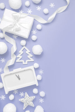 Christmas pattern. Gifts, clocks, snow, balls, white on a purple pastel background