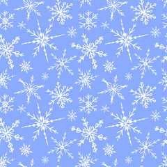 Fototapeta na wymiar Drawn snowflakes in vector format. Seamless vecor winter pattern. White snowflakes on a blue background. Textile print. Holidays. Winter. December.