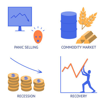 Stock market financial crisis flat icon set