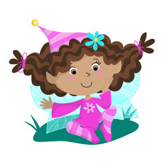 Illustration of a little purple fairy sitting on the grass
