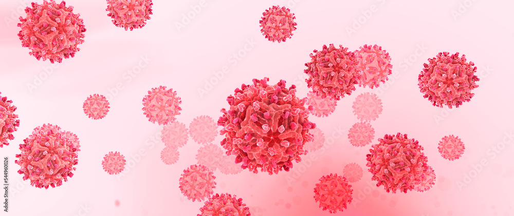 Wall mural West Nile virus particles, (WNV) a member of the family Flaviviridae. The west nile virus can cause encephalitis in humans. It is transmitted by mosquitoes. 3d illustration in red.