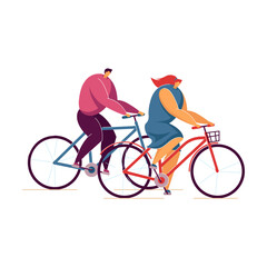 Happy cartoon family riding bikes together in park. Flat vector illustration. Couple during outdoor activities on white background. Healthy lifestyle, sport concept