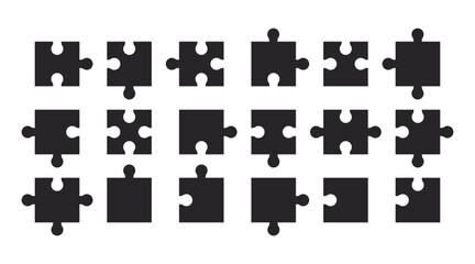 Set of black puzzle pieces isolated on white background. Blank templates for game design, business concepts. Vector illustration