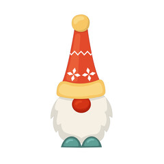 Cute Scandinavian dwarf in red hat and beard. Isolated vector illustration. PNG