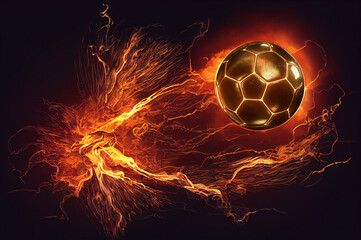 A soccer ball frying through the air with blazing fire trail on background