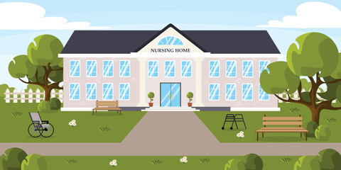 Vector illustration of modern nursing home. Cartoon urban buildings with flower lawn, benches, trees, wheelchairs.