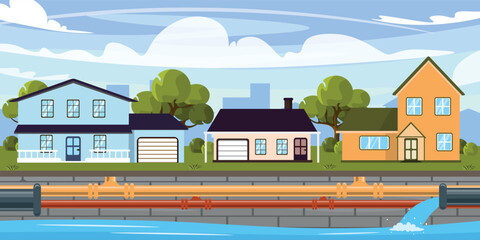 Vector illustration of innovative underground pipelines. Cartoon urban buildings with different underground pipes, houses, trees with the city in the background. - obrazy, fototapety, plakaty