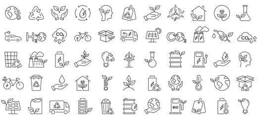 Eco Alternative Natural Renewable Energy Line Icon Set. Electricity Power Pictogram. Environment Conservation Outline Symbol. Ecological Recycle Source. Editable Stroke. Isolated Vector Illustration