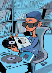 Vinyl Fanatic a cartoon drawing of a music fan as he dusts off his precious vinyl record 