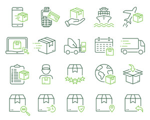 Delivery Service Line Icon. Package Cargo Shipment Logistic Linear Pictogram. Fast Air, Truck, Ship Post Transportation Order Parcel Box Outline Icon. Editable Stroke. Isolated Vector Illustration