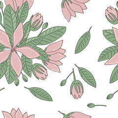 Pink flowers, buds and leaves. vector pattern