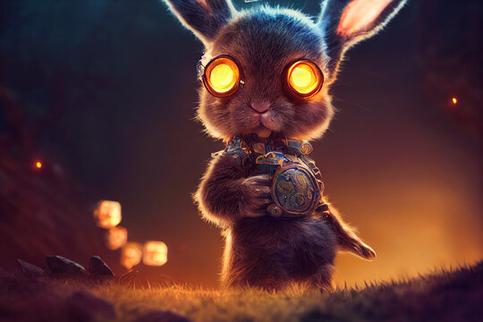 Digital Painting of a Steampunk Rabbit Inventor in foreast background.