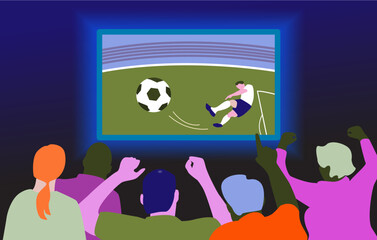 People fans watching soccer match on tv. Flat vector stock illustration with football players on TV.Vector illustration.