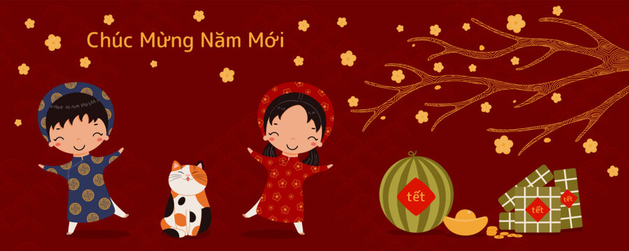 2023 Lunar New Year Tet Cute Kids In Ao Dai, Cat,rice Cakes, Watermelon, Gold, Flowers, Vietnamese Text Happy New Year. Hand Drawn Vector Illustration. Flat Style Design. Concept For Card, Banner.