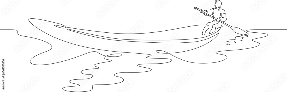 Poster one continuous line. a man in a boat with an oar. boatman. the boat floats on the water. one continu