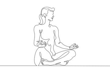 One continuous line.Woman relaxes after sports. Meditation female character. Yoga practice. One continuous line on a white background.