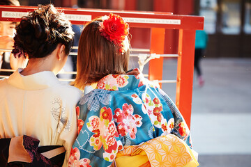 Back view of a woman wearing a yukata	