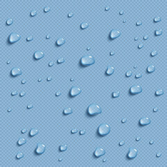 Water drops isolated on transparent background. Realistic pure droplets condensed. Vector illustration