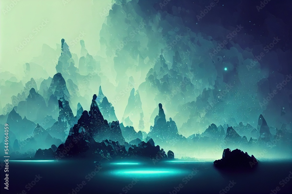 Poster modern futuristic neon abstract background. large object in the center, space background. dark scene