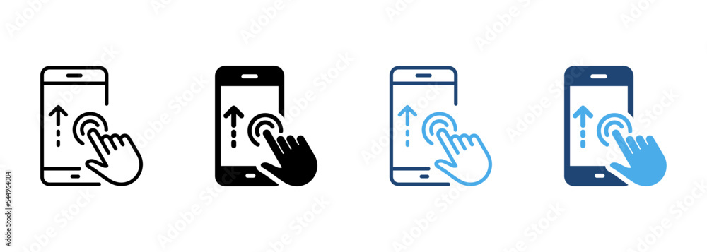 Poster hand swipe on smartphone line and silhouette color icon set. finger move on touch screen in cellphon
