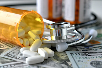 Stethoscope laying on medicine white pills & money with RX prescription drug bottle HSA FSA costs 