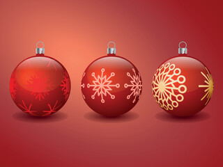 Red Christmas balls with a pattern on a red background, vector image