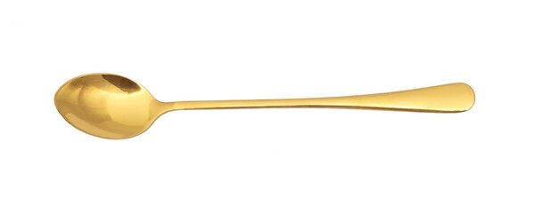Stylish clean gold spoon on white background, top view