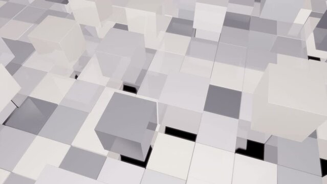 Volumetric jumping squares. Design. Fast-dancing squares of different colors on a black background in abstraction.